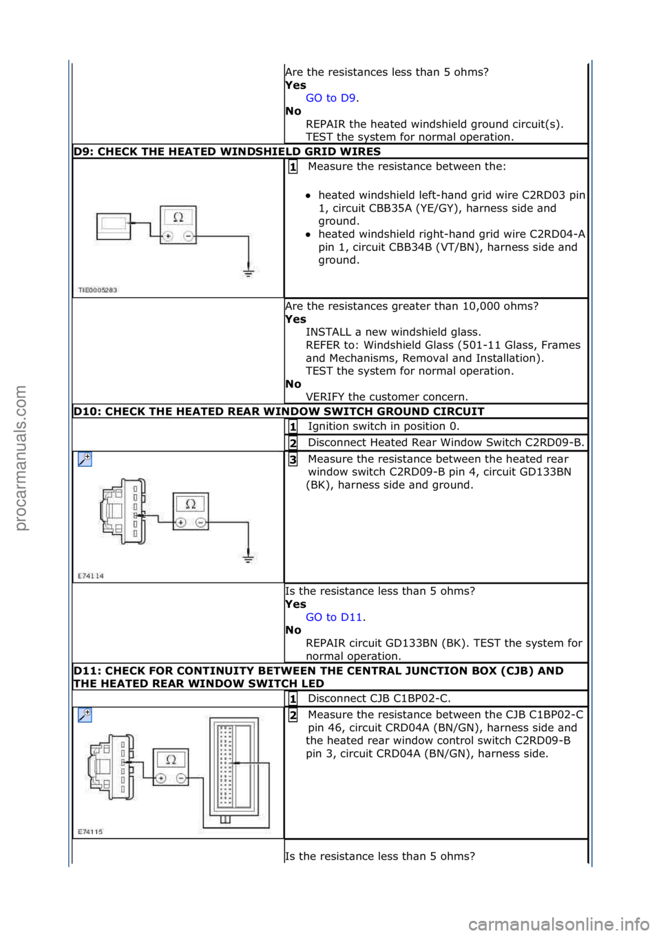 FORD GALAXY 2006 Service Repair Manual Are\fthe\fresist\bnces\fless\fth\bn\f5\fohms?\f
Yes GO\fto\fD9.\f\f
No
R
EPAIR\fthe\fhe\bted\fwindshield\fground\fcircuit(s).\f
TEST\fthe\fsystem\ffor\fnorm\bl\foper\btion.\f\f
D9: CHECK THE HEATED FORD GALAXY 2006 Service Repair Manual Are\fthe\fresist\bnces\fless\fth\bn\f5\fohms?\f
Yes GO\fto\fD9.\f\f
No
R
EPAIR\fthe\fhe\bted\fwindshield\fground\fcircuit(s).\f
TEST\fthe\fsystem\ffor\fnorm\bl\foper\btion.\f\f
D9: CHECK THE HEATED