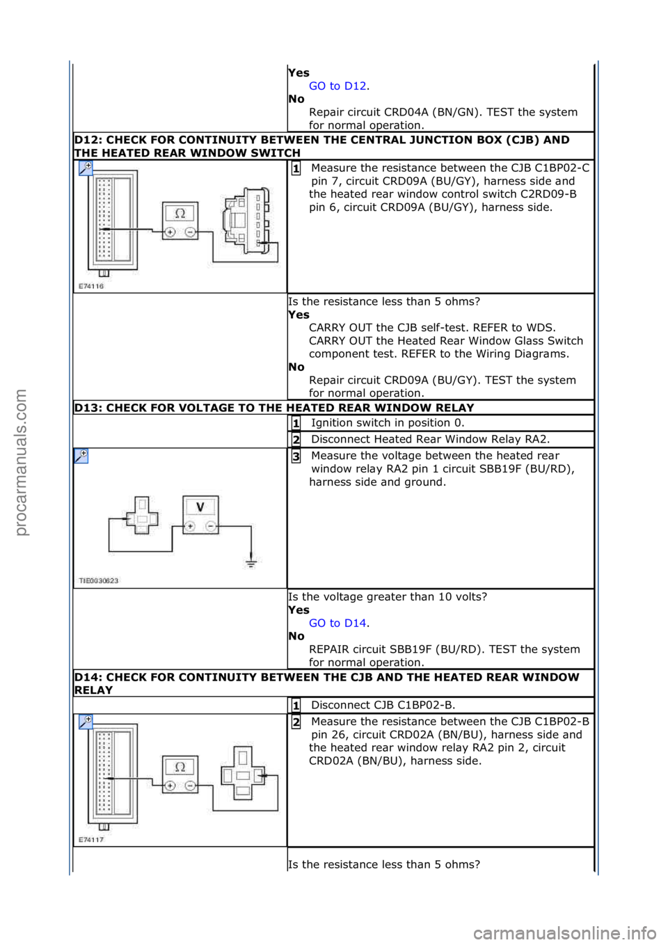FORD GALAXY 2006 Service Repair Manual Yes GO\fto\fD12 .\f\f
No R
ep\bir\fcircuit\fCRD04A\f(BN/GN).\fTEST\fthe\fsystem\f
for\fnorm\bl\foper\btion.\f\f
D12: CHECK FOR CONTINUITY BETWEEN THE CENTRAL JUNCTION BOX (CJB) AND
THE HEATED REAR FORD GALAXY 2006 Service Repair Manual Yes GO\fto\fD12 .\f\f
No R
ep\bir\fcircuit\fCRD04A\f(BN/GN).\fTEST\fthe\fsystem\f
for\fnorm\bl\foper\btion.\f\f
D12: CHECK FOR CONTINUITY BETWEEN THE CENTRAL JUNCTION BOX (CJB) AND
THE HEATED REAR