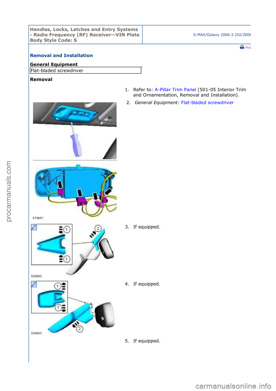 FORD GALAXY 2006  Service Repair Manual Handles\b Lo\fks\b Lat\fhes and Entry Systems 
- Radio Frequen\fy (RF) Re\feiver—VIN Plate 
Body Style Code: S
S-MAX/G\bl\bxy\f2006.5\f(02/2006
\fPrint
Removal and Installation 
General Equipment 
R