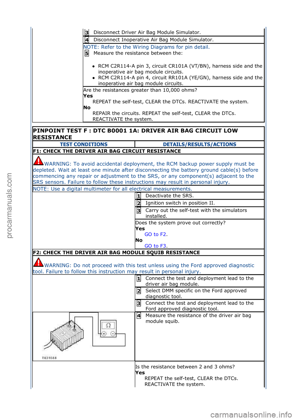 FORD GALAXY 2006  Service Repair Manual Disconnect\fDriver\fAir\fB\bg\fModule\fSimul\btor.\f3 
Disconnect\fInoper\btive\fAir\fB\bg\fModule\fSimul\btor.\f4 
NOTE:\fRefer\fto\fthe\fWiring\fDi\bgr\bms\ffor\fpin\fdet\bil.\fMe\bsure\fthe\fresist