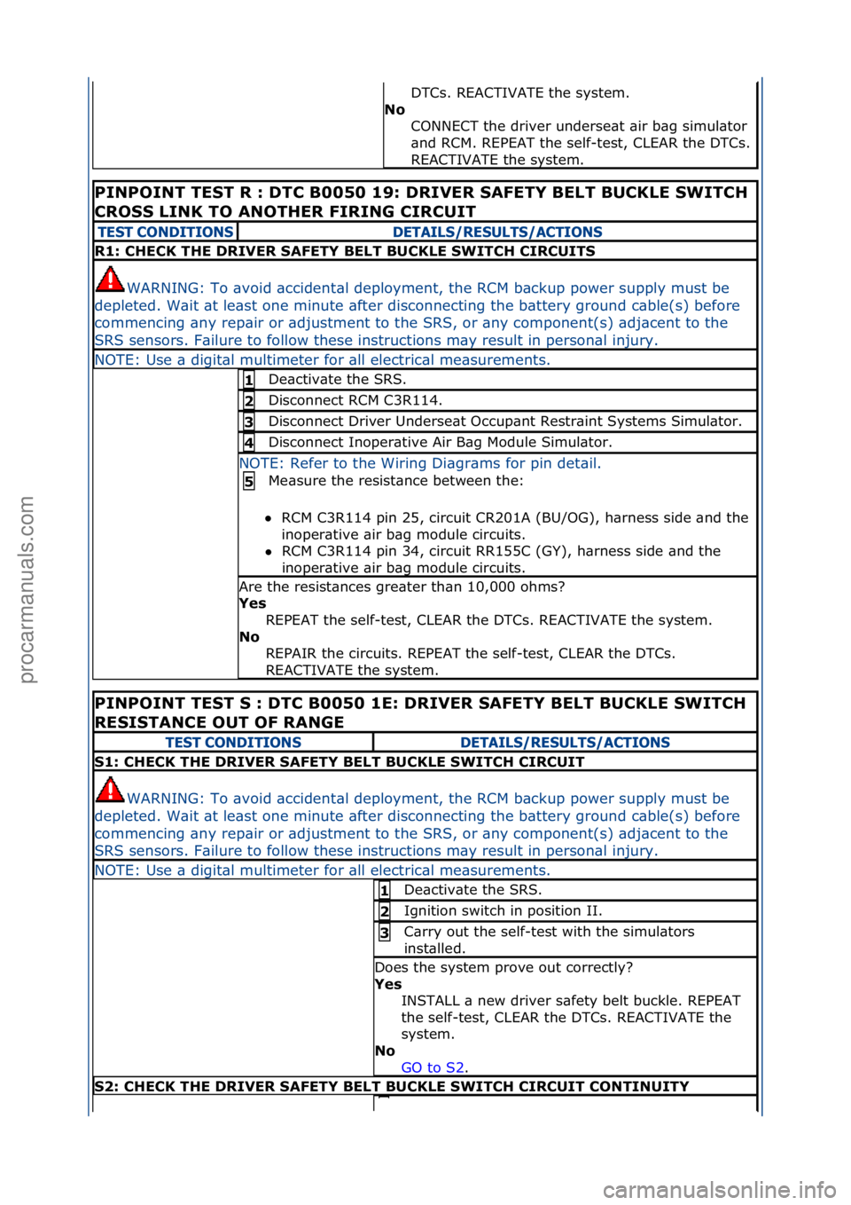 FORD GALAXY 2006  Service Repair Manual DTCs.\fREACTIVATE\fthe\fsystem.\f
No  CONNECT\fthe\fdriver\funderse\bt\f\bir\fb\bg\fsimul\btor\f
\bnd\fRCM.\fREPEAT\fthe\fself-test,\fCLEAR\fthe\fDTCs.\f
REACTIVATE\fthe\fsystem.\f\f
PINPOINT TEST R :