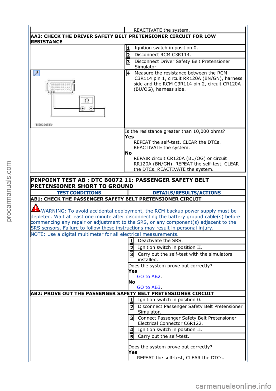 FORD GALAXY 2006 Service Repair Manual REACTIVATE\fthe\fsystem.\f\f
AA3: CHECK THE DRIVER SAFETY BELT PRETENSIONER CIRCUIT FOR LOW
RESISTANCE
Ignition\fswitch\fin\fposition\f0.\f1
Disconnect\fRCM\fC3R114.\f2
Disconnect\fDriver\fS\bfety\ FORD GALAXY 2006 Service Repair Manual REACTIVATE\fthe\fsystem.\f\f
AA3: CHECK THE DRIVER SAFETY BELT PRETENSIONER CIRCUIT FOR LOW
RESISTANCE
Ignition\fswitch\fin\fposition\f0.\f1
Disconnect\fRCM\fC3R114.\f2
Disconnect\fDriver\fS\bfety\