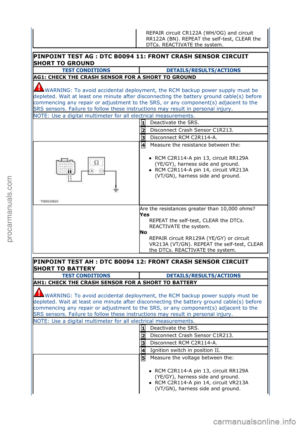 FORD GALAXY 2006 Service Repair Manual REPAIR\fcircuit\fCR122A\f(WH/OG)\f\bnd\fcircuit\f
RR122A\f(BN).\fREPEAT\fthe\fself-test,\fCLEAR\fthe\f
DTCs.\fREACTIVATE\fthe\fsystem.\f\f
PINPOINT TEST AG : DTC B0094 11: FRONT CRASH SENSOR CIRCUIT
FORD GALAXY 2006 Service Repair Manual REPAIR\fcircuit\fCR122A\f(WH/OG)\f\bnd\fcircuit\f
RR122A\f(BN).\fREPEAT\fthe\fself-test,\fCLEAR\fthe\f
DTCs.\fREACTIVATE\fthe\fsystem.\f\f
PINPOINT TEST AG : DTC B0094 11: FRONT CRASH SENSOR CIRCUIT