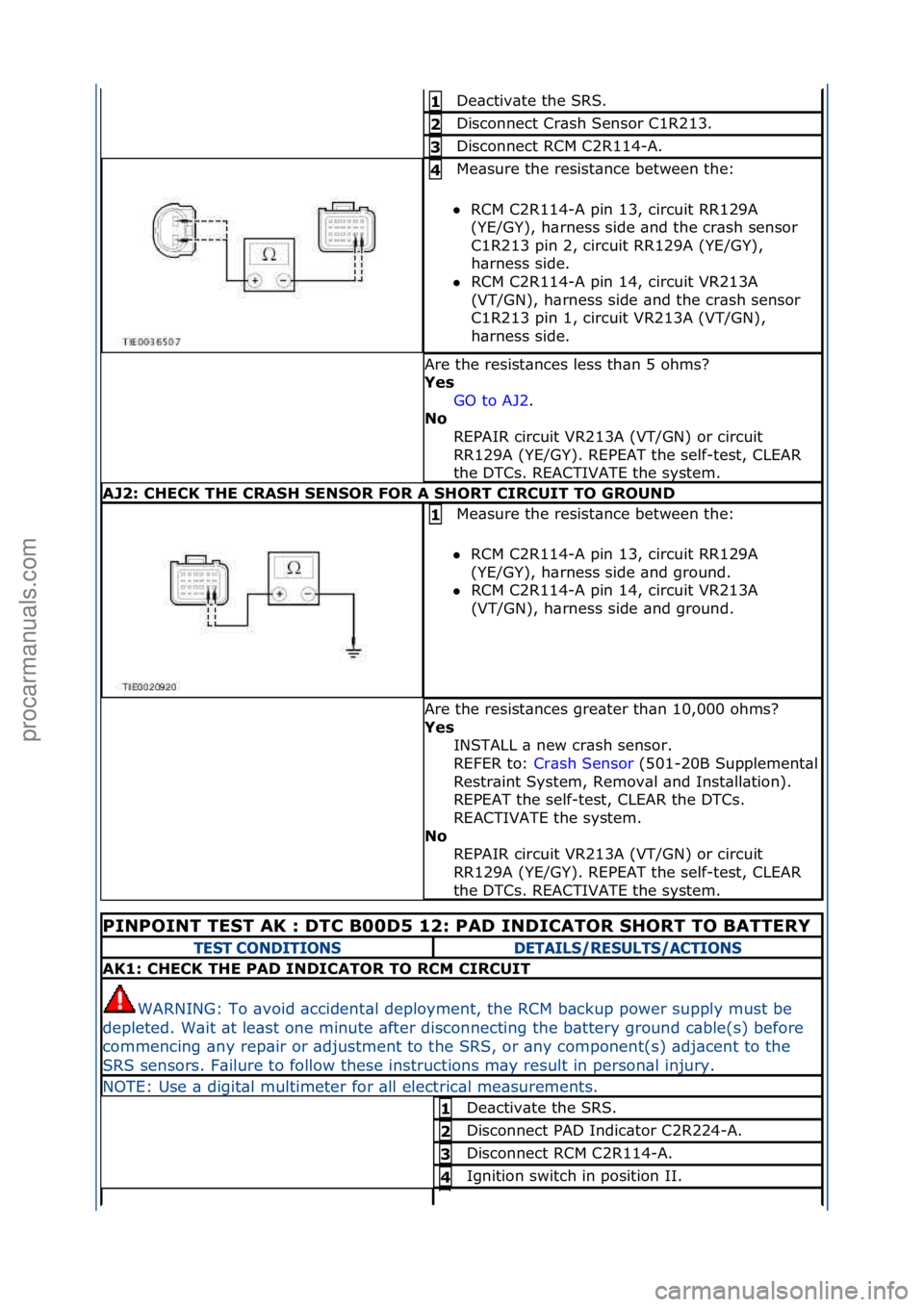 FORD GALAXY 2006  Service Repair Manual De\bctiv\bte\fthe\fSRS.\f\f1 
Disconnect\fCr\bsh\fSensor\fC1R213.\f2 
Disconnect\fRCM\fC2R114-A.\f3 
Me\bsure\fthe\fresist\bnce\fbetween\fthe:\f
 RCM\fC2R114-A\fpin\f13,\fcircuit\fRR129A\f
(Y

E/GY),