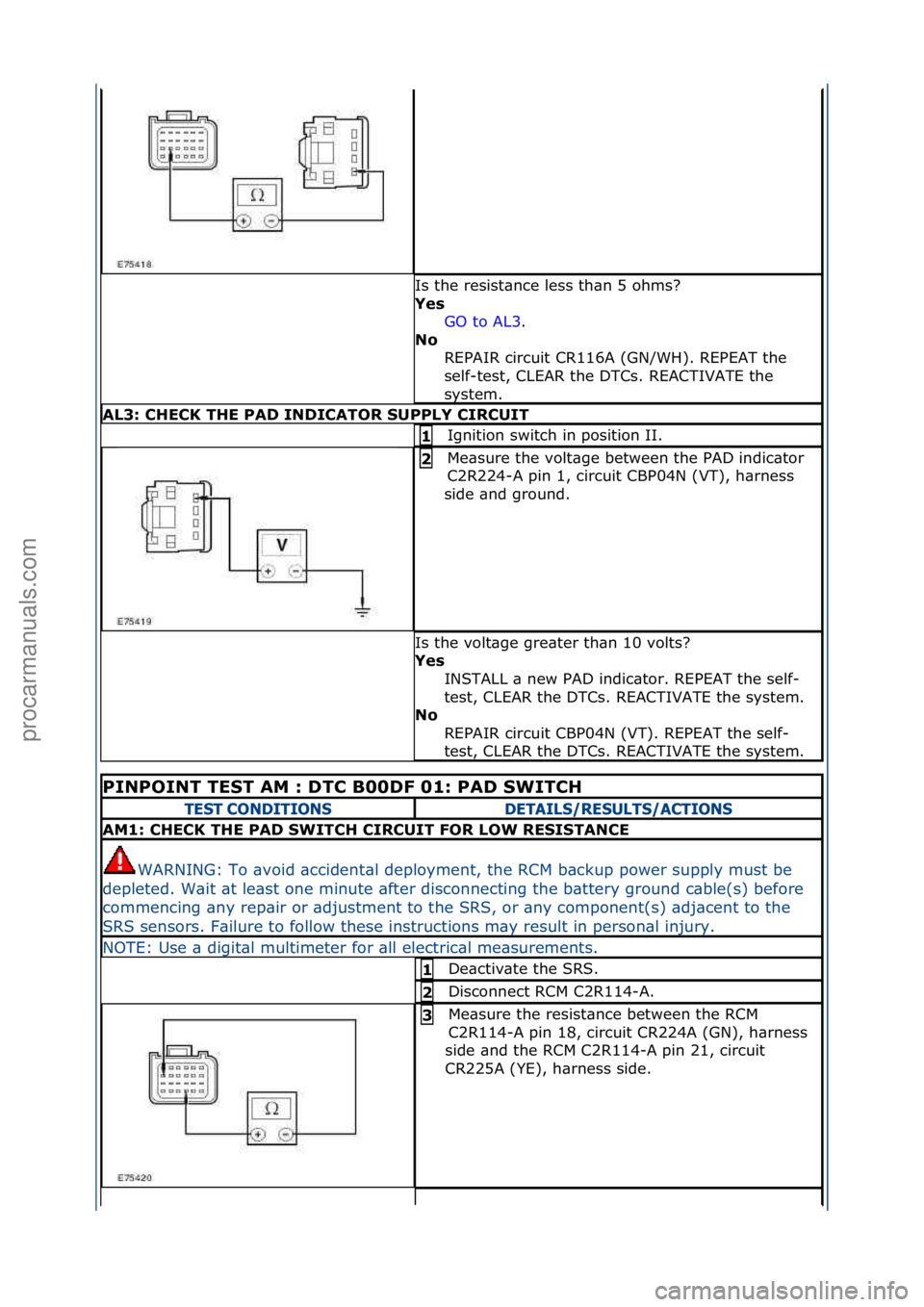 FORD GALAXY 2006  Service Repair Manual Is\fthe\fresist\bnce\fless\fth\bn\f5\fohms?\f
Ye\f GO\fto\fAL3.\f\f
No  R

EPAIR\fcircuit\fCR116A\f(GN/WH).\fREPEAT\fthe\f
self-test,\fCLEAR\fthe\fDTCs.\fREACTIVATE\fthe\f
system.\f\f
AL3: CHECK THE P