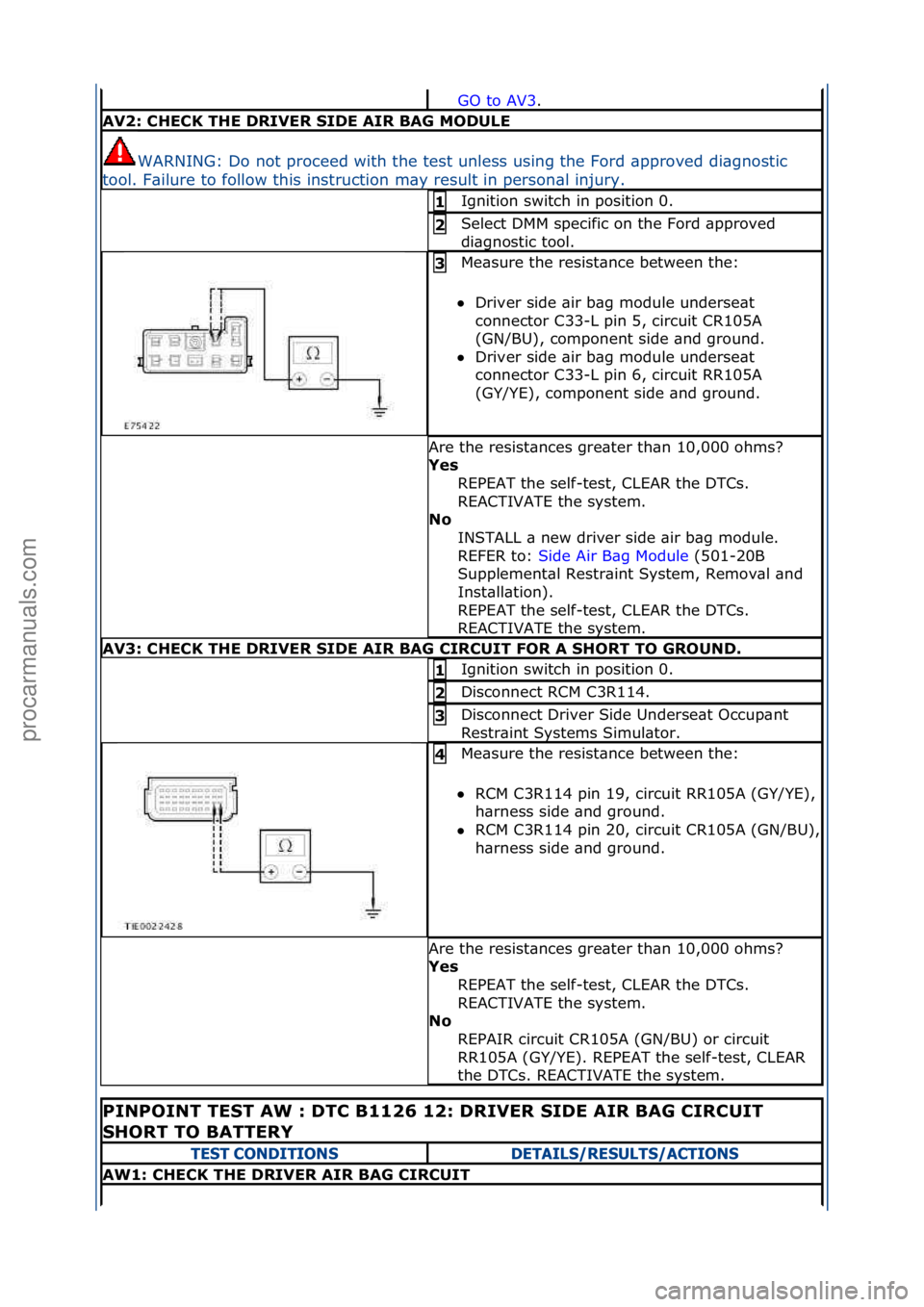 FORD GALAXY 2006 Service Repair Manual GO\fto\fAV3.\f\f
AV2: CHECK THE DRIVER SIDE AIR BAG MODULE
WARNING:\fDo\fnot\fproceed\fwith\fthe\ftest\funless\fusing\fthe\fFord\f\bpproved\fdi\bgnostic\f
tool.\fF\bilure\fto\ffollow\fthis\finstructio FORD GALAXY 2006 Service Repair Manual GO\fto\fAV3.\f\f
AV2: CHECK THE DRIVER SIDE AIR BAG MODULE
WARNING:\fDo\fnot\fproceed\fwith\fthe\ftest\funless\fusing\fthe\fFord\f\bpproved\fdi\bgnostic\f
tool.\fF\bilure\fto\ffollow\fthis\finstructio