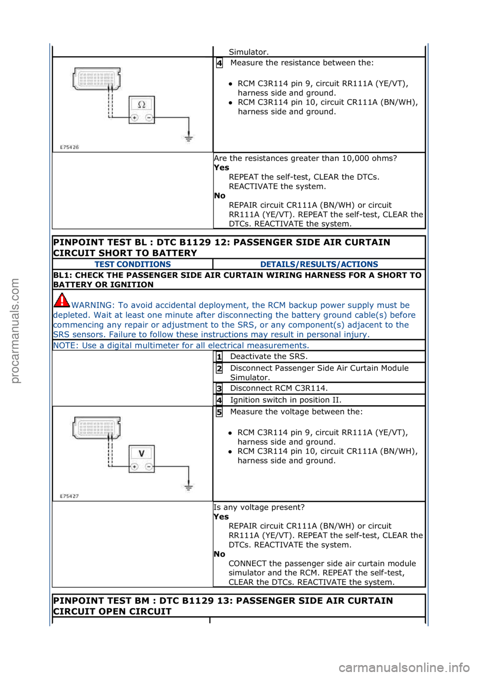 FORD GALAXY 2006  Service Repair Manual Simul\btor.\f
Me\bsure\fthe\fresist\bnce\fbetween\fthe:\f
 RCM\fC3R114\fpin\f9,\fcircuit\fRR111A\f(YE/VT),\f
h\br

ness\fside\f\bnd\fground.\f\f
 RCM\fC3R114\fpin\f10,\fcircuit\fCR111A\f(BN/WH),\f
h