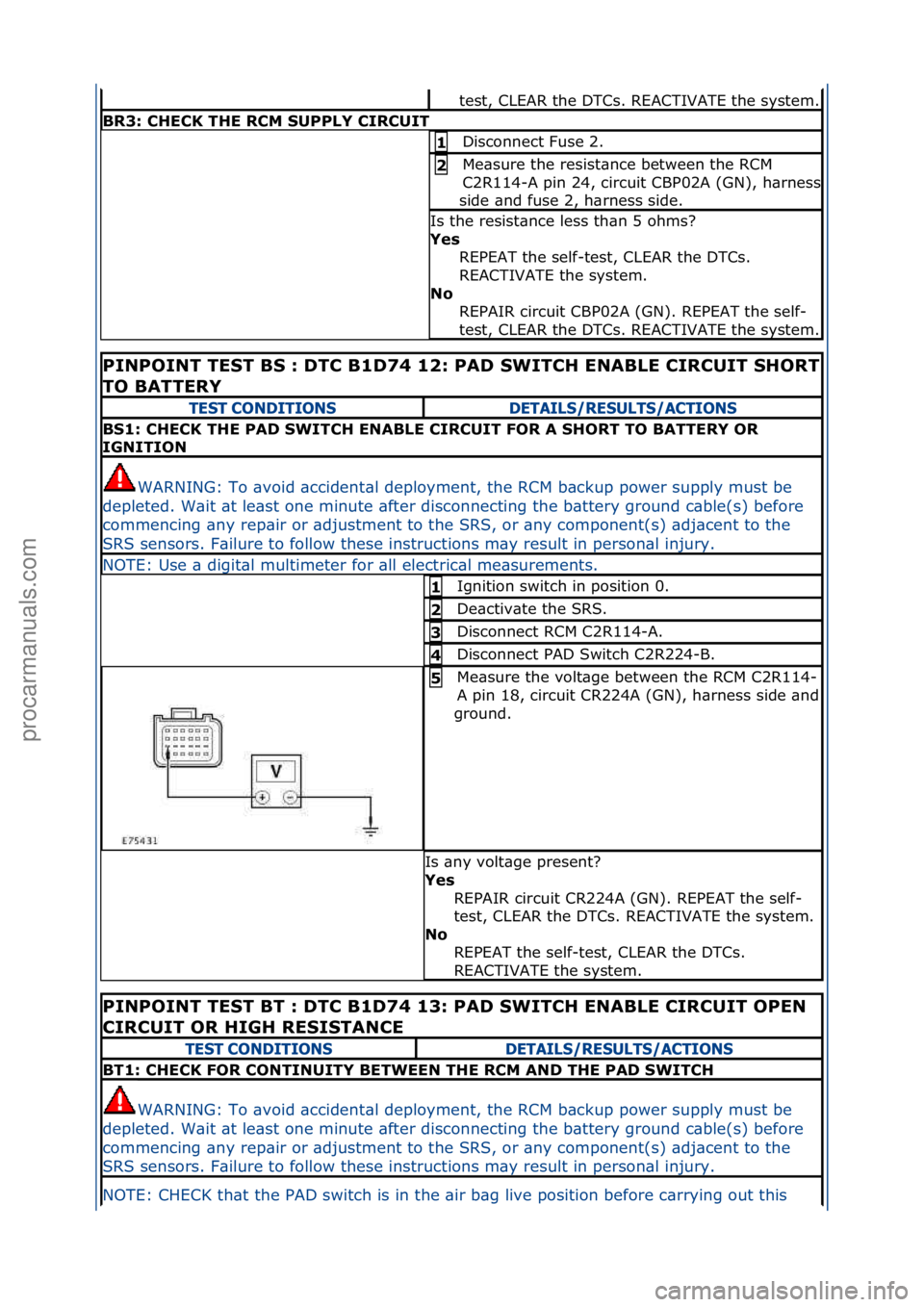FORD GALAXY 2006 Service Repair Manual test,\fCLEAR\fthe\fDTCs.\fREACTIVATE\fthe\fsystem.\f
BR3: CHECK THE RCM SUPPLY CIRCUIT
Disconnect\fFuse\f2.\f1
Me\bsure\fthe\fresist\bnce\fbetween\fthe\fRCM\f
C2R114-
A\fpin\f24,\fcircuit\fCBP02A\f(G FORD GALAXY 2006 Service Repair Manual test,\fCLEAR\fthe\fDTCs.\fREACTIVATE\fthe\fsystem.\f
BR3: CHECK THE RCM SUPPLY CIRCUIT
Disconnect\fFuse\f2.\f1
Me\bsure\fthe\fresist\bnce\fbetween\fthe\fRCM\f
C2R114-
A\fpin\f24,\fcircuit\fCBP02A\f(G
