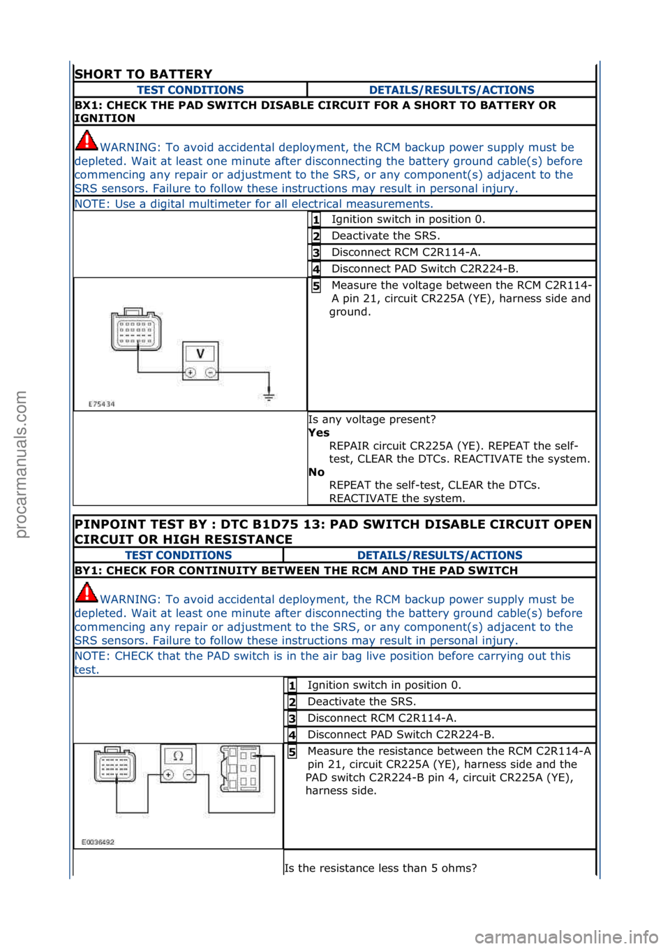 FORD GALAXY 2006 Service Repair Manual SHORT TO BATTERY
TEST CONDITIONSDETAILS/RESULTS/ACTIONS
BX1: CHECK THE PAD SWITCH DISABLE CIRCUIT FOR A SHORT TO BATTERY OR
IGNITION
WARNING:\fTo\f\bvoid\f\bccident\bl\fdeployment,\fthe\fRCM\fb\bcku FORD GALAXY 2006 Service Repair Manual SHORT TO BATTERY
TEST CONDITIONSDETAILS/RESULTS/ACTIONS
BX1: CHECK THE PAD SWITCH DISABLE CIRCUIT FOR A SHORT TO BATTERY OR
IGNITION
WARNING:\fTo\f\bvoid\f\bccident\bl\fdeployment,\fthe\fRCM\fb\bcku