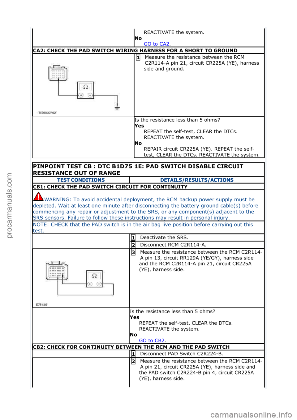 FORD GALAXY 2006 Service Repair Manual REACTIVATE\fthe\fsystem.\f\f
No GO\fto\fCA2 .\f\f
CA2: CHECK THE PAD SWITCH WIRING HARNESS FOR A SHORT TO GROUND
Me\bsure\fthe\fresist\bnce\fbetween\fthe\fRCM\f
C2R114-A\fpin\f21,\fcircuit\fCR225A\f( FORD GALAXY 2006 Service Repair Manual REACTIVATE\fthe\fsystem.\f\f
No GO\fto\fCA2 .\f\f
CA2: CHECK THE PAD SWITCH WIRING HARNESS FOR A SHORT TO GROUND
Me\bsure\fthe\fresist\bnce\fbetween\fthe\fRCM\f
C2R114-A\fpin\f21,\fcircuit\fCR225A\f(