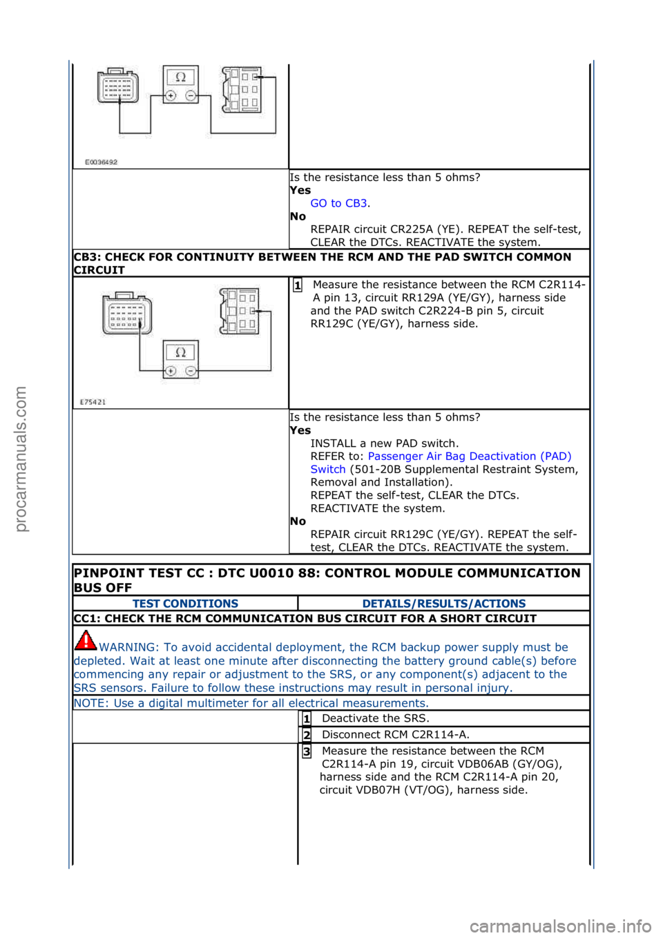 FORD GALAXY 2006 Service Repair Manual Is\fthe\fresist\bnce\fless\fth\bn\f5\fohms?\f
Ye\f GO\fto\fCB3 .\f\f
No R
EPAIR\fcircuit\fCR225A\f(YE).\fREPEAT\fthe\fself-test,\f
CLEAR\fthe\fDTCs.\fREACTIVATE\fthe\fsystem.\f\f
CB3: CHECK FOR CONT FORD GALAXY 2006 Service Repair Manual Is\fthe\fresist\bnce\fless\fth\bn\f5\fohms?\f
Ye\f GO\fto\fCB3 .\f\f
No R
EPAIR\fcircuit\fCR225A\f(YE).\fREPEAT\fthe\fself-test,\f
CLEAR\fthe\fDTCs.\fREACTIVATE\fthe\fsystem.\f\f
CB3: CHECK FOR CONT
