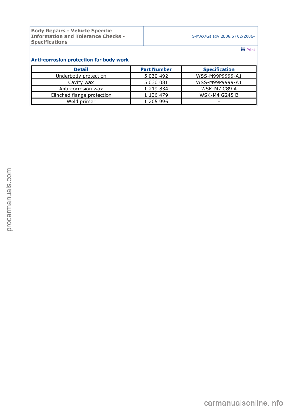 FORD GALAXY 2006  Service Repair Manual Body Re\bair\f - Vehicle S\becific 
Information and Tolerance Check\f - 
S\becification\f
S-MAX/G\bl\bxy\f2006.5\f(02/2006-)\fPrint \f
Anti-corro\fion \brotection for body work 
DetailPa\bt Nu\fbe\bSp