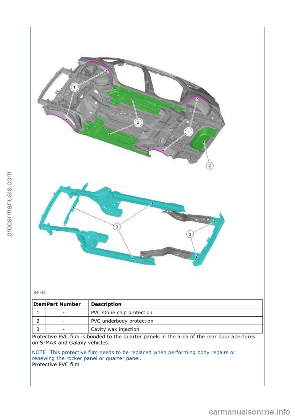 FORD GALAXY 2006  Service Repair Manual \f\fDe\fcri\btion 
PVC\fstone\fchip\fprotection\f
PVC\funderbody\fprotection\f
C\bvity\fw\bx\finjection\f
Protective\fPVC\ffilm\fis\fbonded\fto\fthe\fqu\brter\fp\bnels\fin\fthe\f\bre\b\fof\fthe\fre\br