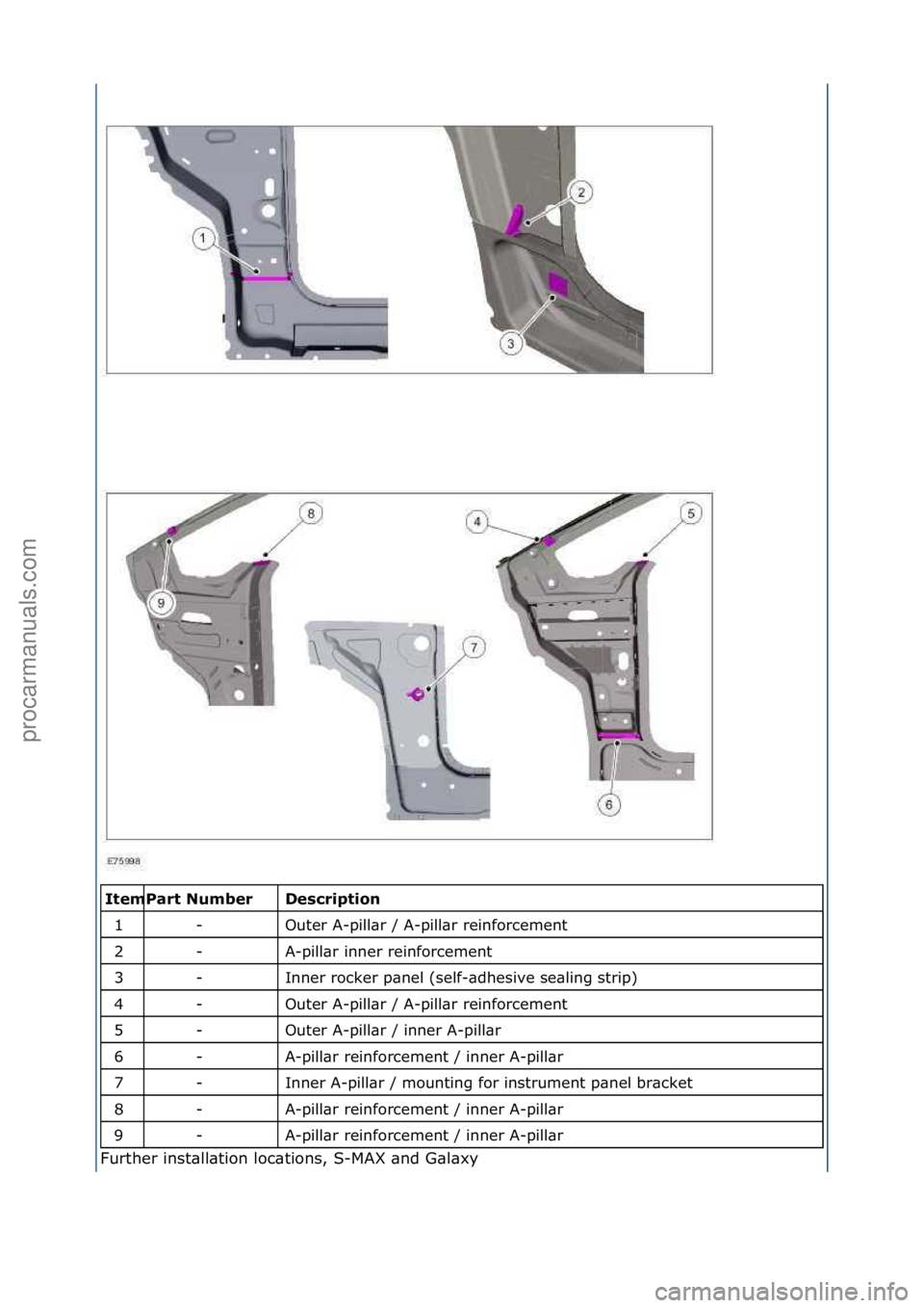 FORD GALAXY 2006  Service Repair Manual \f\fDe\fcri\btion 
Outer\fA-pill\br\f/\fA-pill\br\freinforcement\f
A-pill\br\finner\freinforcement\f
Inner\frocker\fp\bnel\f(self-\bdhesive\fse\bling\fstrip)\f
Outer\fA-pill\br\f/\fA-pill\br\freinforc