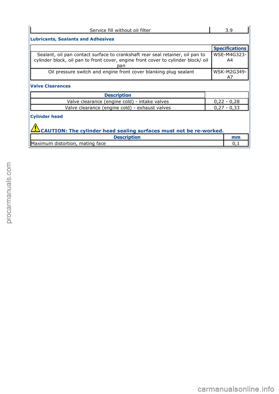 FORD GALAXY 2006  Service Repair Manual Lubricants, Sealants and Adhesives 
Valve Clearances 
Cylinder head CAUTION: The cylinder head sealing surfaces must not be re-worked. 
Service\ffill\fwithout\foil\ffilter3.9
Specifica\bions
Se\bl\bnt