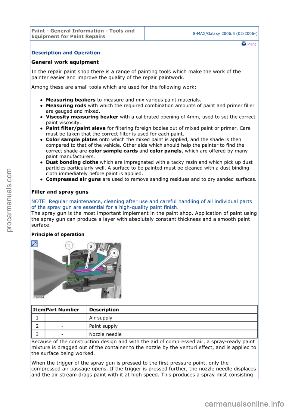 FORD GALAXY 2006  Service Repair Manual Paint - \beneral \fnformation - Tools and 
Equipment for Paint RepairsS-MAX/G\bl\bxy\f2006.5\f(02/2006-)\fPrint \f
Description and Operation 
\beneral work equipment 
In

\fthe\frep\bir\fp\bint\fshop\