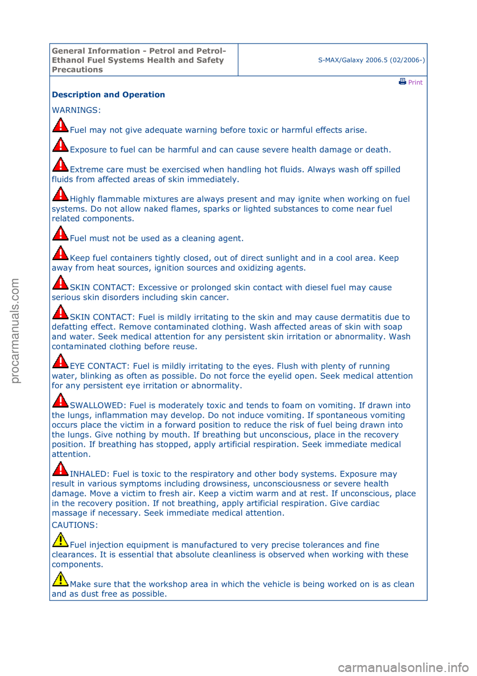 FORD GALAXY 2006  Service Repair Manual General \bnforma\fion - Pe\frol and Pe\frol-
E\fhanol Fuel Sys\fems Heal\fh and Safe\fy 
Precau\fions
S-MAX/G\bl\bxy\f2006.5\f(02/2006-)\fPrint \f
Descrip\fion and Opera\fion 
WARNINGS:\f
Fu
 el\fm\by