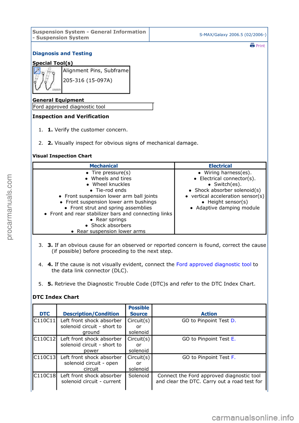 FORD GALAXY 2006  Service Repair Manual Suspensi\bn Syste\f - General Inf\br\fati\bn 
- Suspensi\bn Syste\fS-MAX/G\bl\bxy\f2006.5\f(02/2006-)\fPrint \f
Diagn\bsis and Testing 
Special T\b\bl(s) 
Gen

eral Equip\fent 
Inspecti\bn and Verific