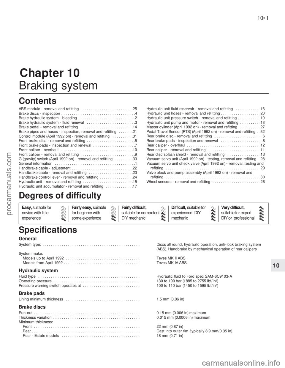 FORD GRANADA 1985  Service Repair Manual Chapter 10
Braking system
ABS module - removal and refitting  . . . . . . . . . . . . . . . . . . . . . . . . .25
Brake discs - inspection  . . . . . . . . . . . . . . . . . . . . . . . . . . . . . . 