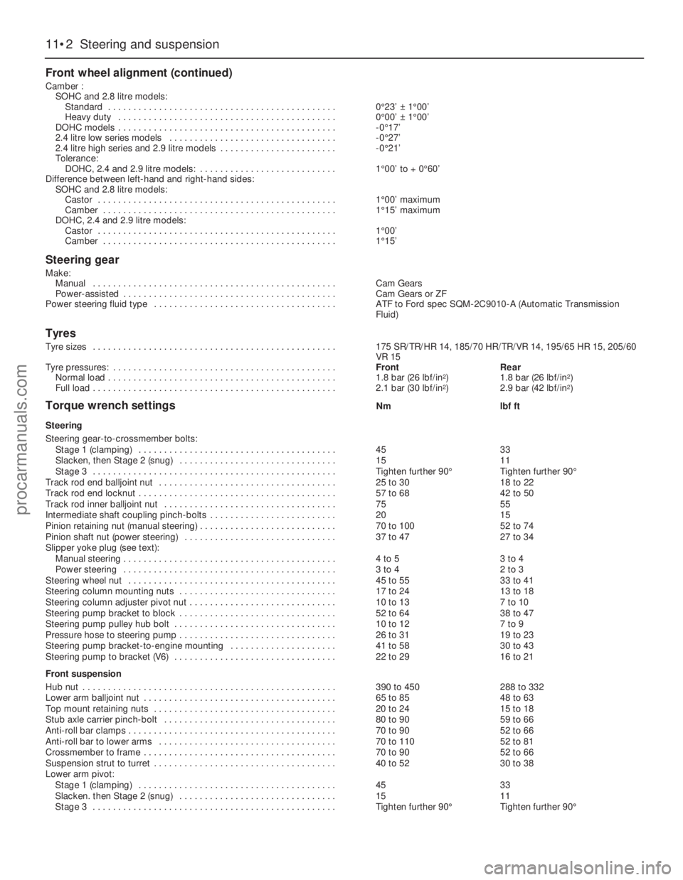 FORD GRANADA 1985  Service Repair Manual 11•2Steering and suspension
Front wheel alignment (continued)
Camber :
SOHC and 2.8 litre models:
Standard . . . . . . . . . . . . . . . . . . . . . . . . . . . . . . . . . . . . . . . . . . . . .0