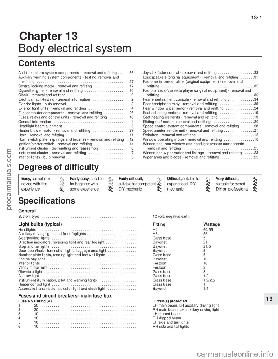 FORD GRANADA 1985  Service Repair Manual Chapter 13
Body electrical system
Anti-theft alarm system components - removal and refitting  . . . . . .36
Auxiliary warning system components - testing, removal and 
refitting  . . . . . . . . . . .