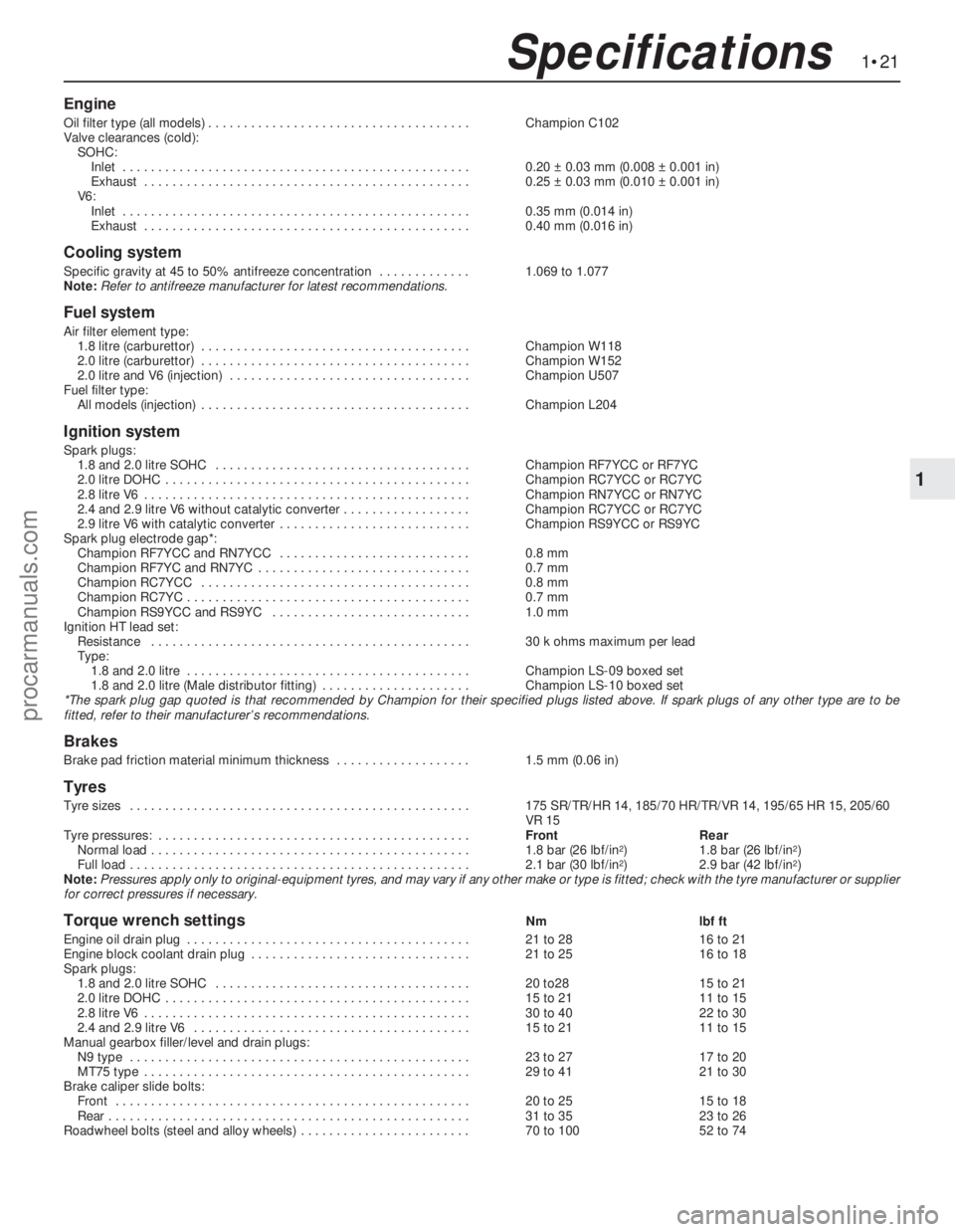 FORD GRANADA 1985  Service Repair Manual Engine
Oil filter type (all models) . . . . . . . . . . . . . . . . . . . . . . . . . . . . . . . . . . . . .Champion C102
Valve clearances (cold):
SOHC:
Inlet . . . . . . . . . . . . . . . . . . . . 