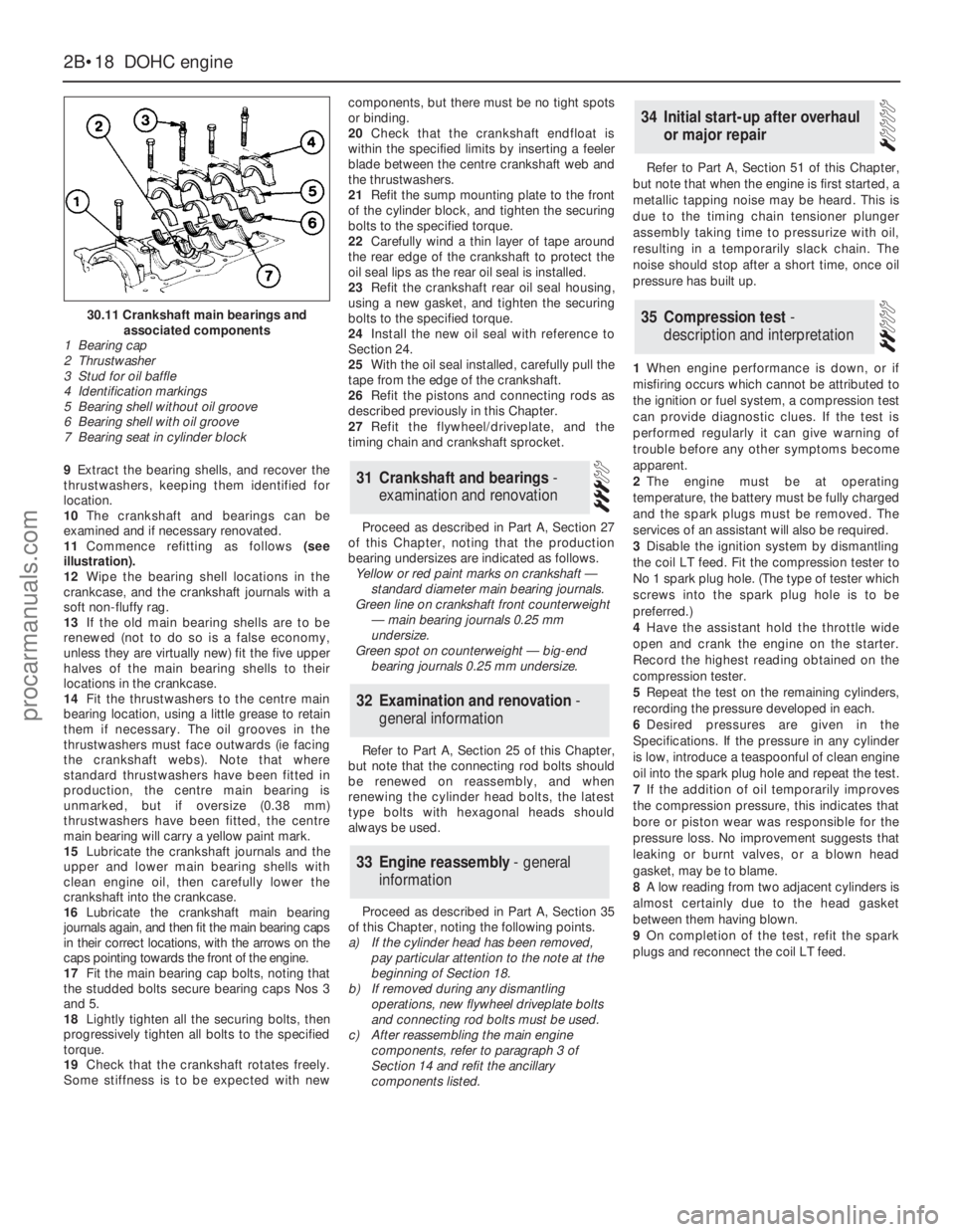 FORD GRANADA 1985  Service Manual PDF 9Extract the bearing shells, and recover the
thrustwashers, keeping them identified for
location.
10The crankshaft and bearings can be
examined and if necessary renovated.
11Commence refitting as foll