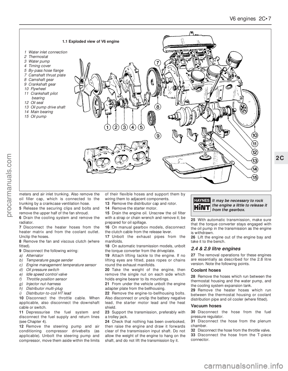 FORD GRANADA 1985  Service Manual PDF meters and air inlet trunking. Also remove the
oil filler cap, which is connected to the
trunking by a crankcase ventilation hose.
5Release the securing clips and bolts and
remove the upper half of th