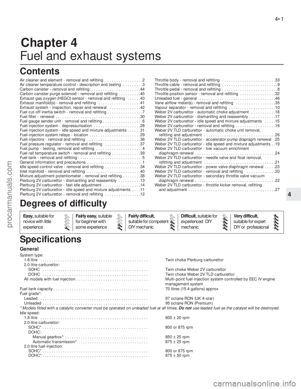 FORD GRANADA 1985  Service Owners Manual Chapter 4
Fuel and exhaust systems
Air cleaner and element - removal and refitting  . . . . . . . . . . . . . . . . .2
Air cleaner temperature control - description and testing  . . . . . . . . .3
Car