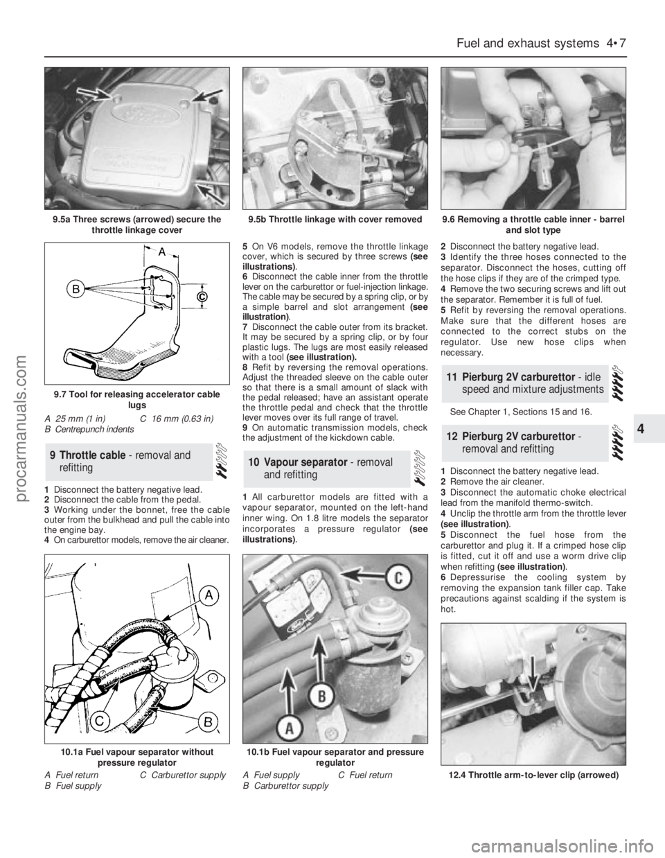 FORD GRANADA 1985  Service Owners Manual 1Disconnect the battery negative lead.
2Disconnect the cable from the pedal.
3Working under the bonnet, free the cable
outer from the bulkhead and pull the cable into
the engine bay.
4On carburettor m