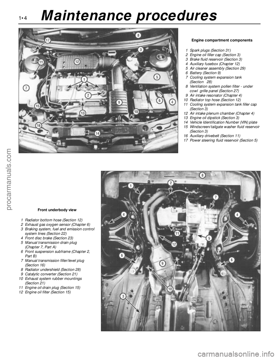 FORD MONDEO 1993  Service User Guide 1•4
Engine compartment components
1  Spark plugs (Section 31)
2  Engine oil filler cap (Section 3)
3  Brake fluid reservoir (Section 3)
4  Auxiliary fusebox (Chapter 12)
5  Air cleaner assembly (Sec