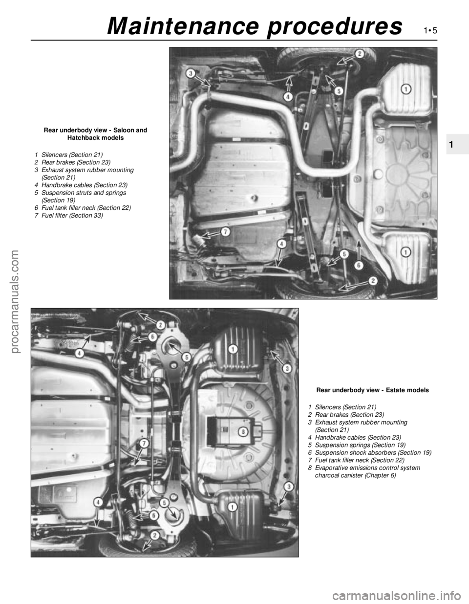 FORD MONDEO 1993  Service User Guide 1•5
1
Maintenance procedures
Rear underbody view - Saloon and
Hatchback models
1  Silencers (Section 21)
2  Rear brakes (Section 23)
3  Exhaust system rubber mounting 
(Section 21)
4  Handbrake cabl