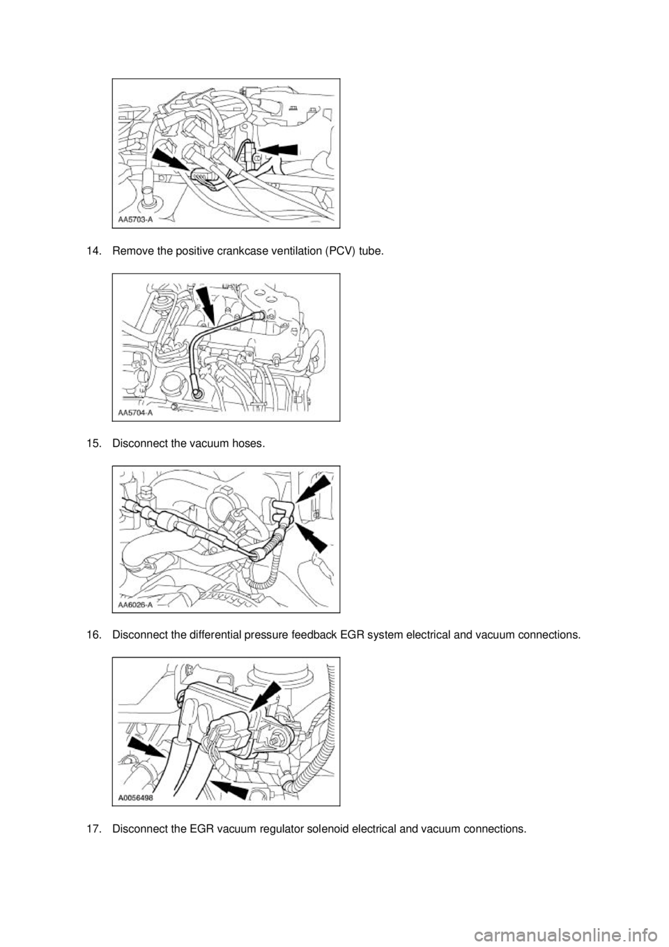 FORD MUSTANG 2003  Workshop Manual 14. Remove the positive crankcase ventilation (PCV) tube. 
15. Disconnect the vacuum hoses. 
16. Disconnect the differential pressure feedback EGR system electrical and vacuum connections. 
17. Discon