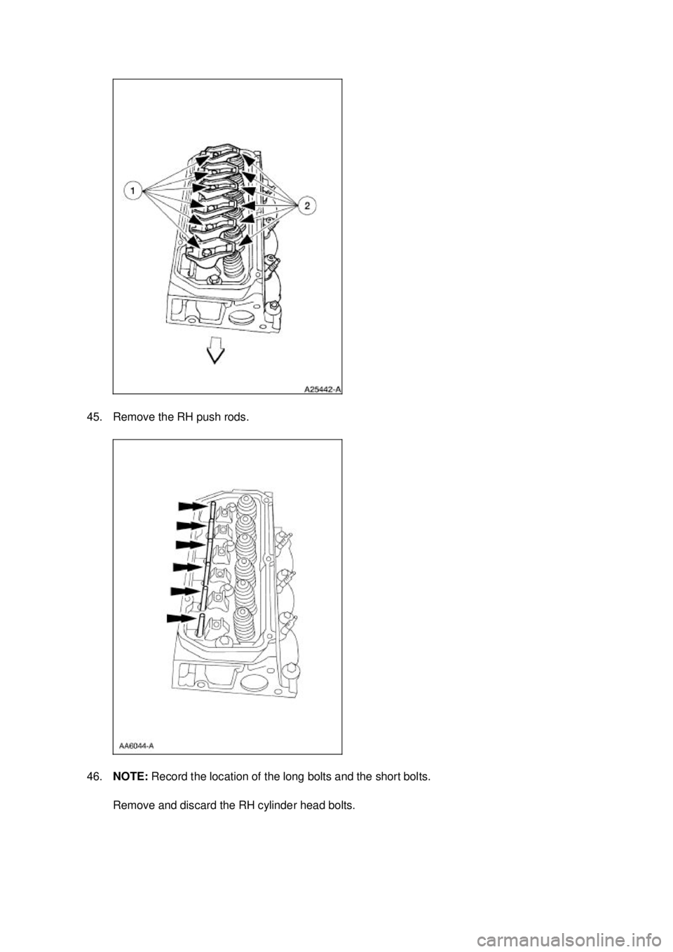 FORD MUSTANG 2003  Workshop Manual 45. Remove the RH push rods. 
46.
NOTE:  Record the location of the long bolts and the short bolts. 
Remove and discard the RH cylinder head bolts.  Klj .  13 ba
  212003 Mustang Workshop Manual
