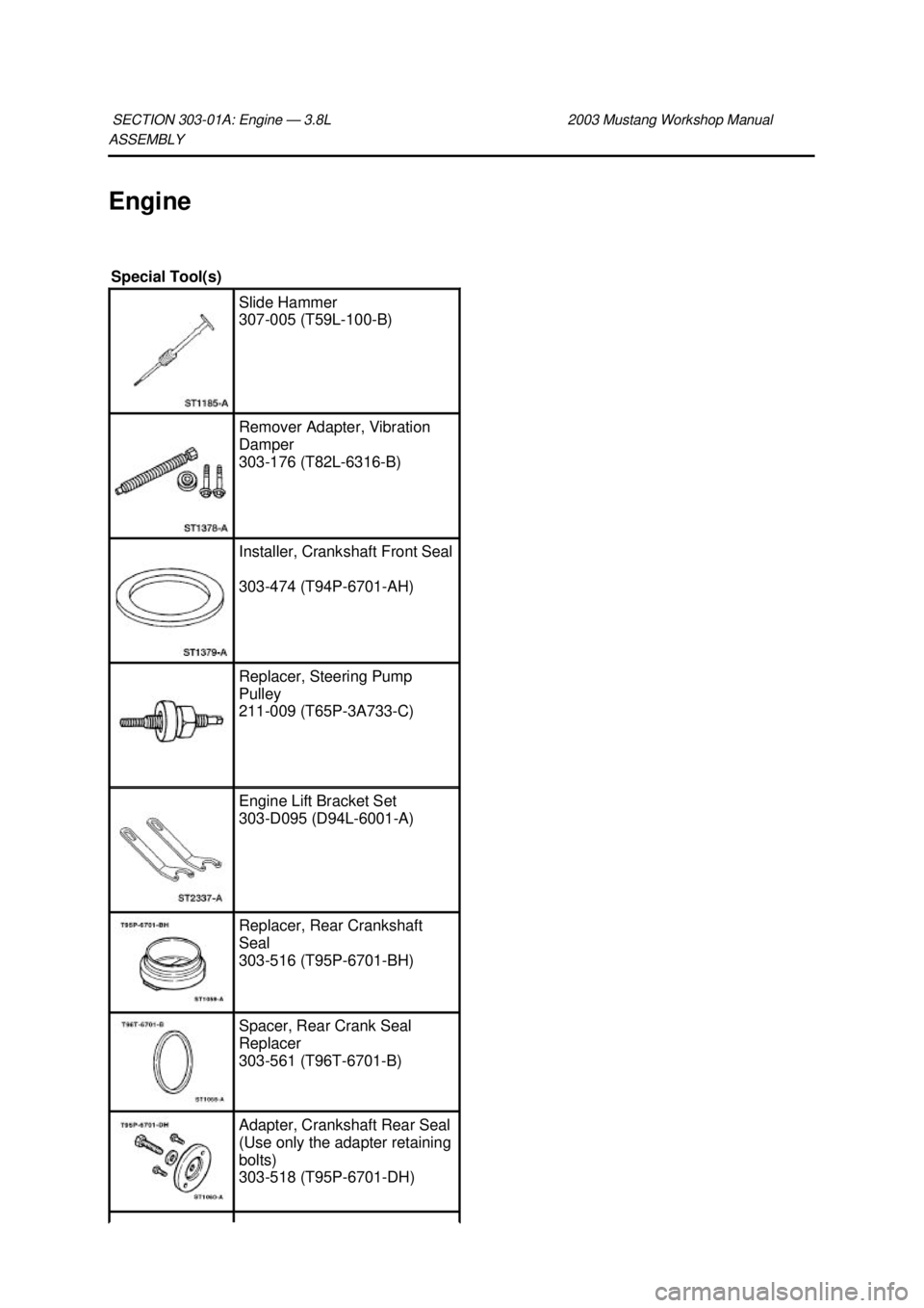 FORD MUSTANG 2003 Workshop Manual ASSEMBLY
Engine
SECTION 303-
01A: Engine — 3.8L 2003 Mustang Workshop Manual Special Tool(s)
Slide Hammer
307-
005 (T59L- 100-B) Remover Adapter, Vibration
Damper
303-
176 (T82L-6316- B) In FORD MUSTANG 2003 Workshop Manual ASSEMBLY
Engine
SECTION 303-
01A: Engine — 3.8L 2003 Mustang Workshop Manual Special Tool(s)
Slide Hammer
307-
005 (T59L- 100-B) Remover Adapter, Vibration
Damper
303-
176 (T82L-6316- B) In