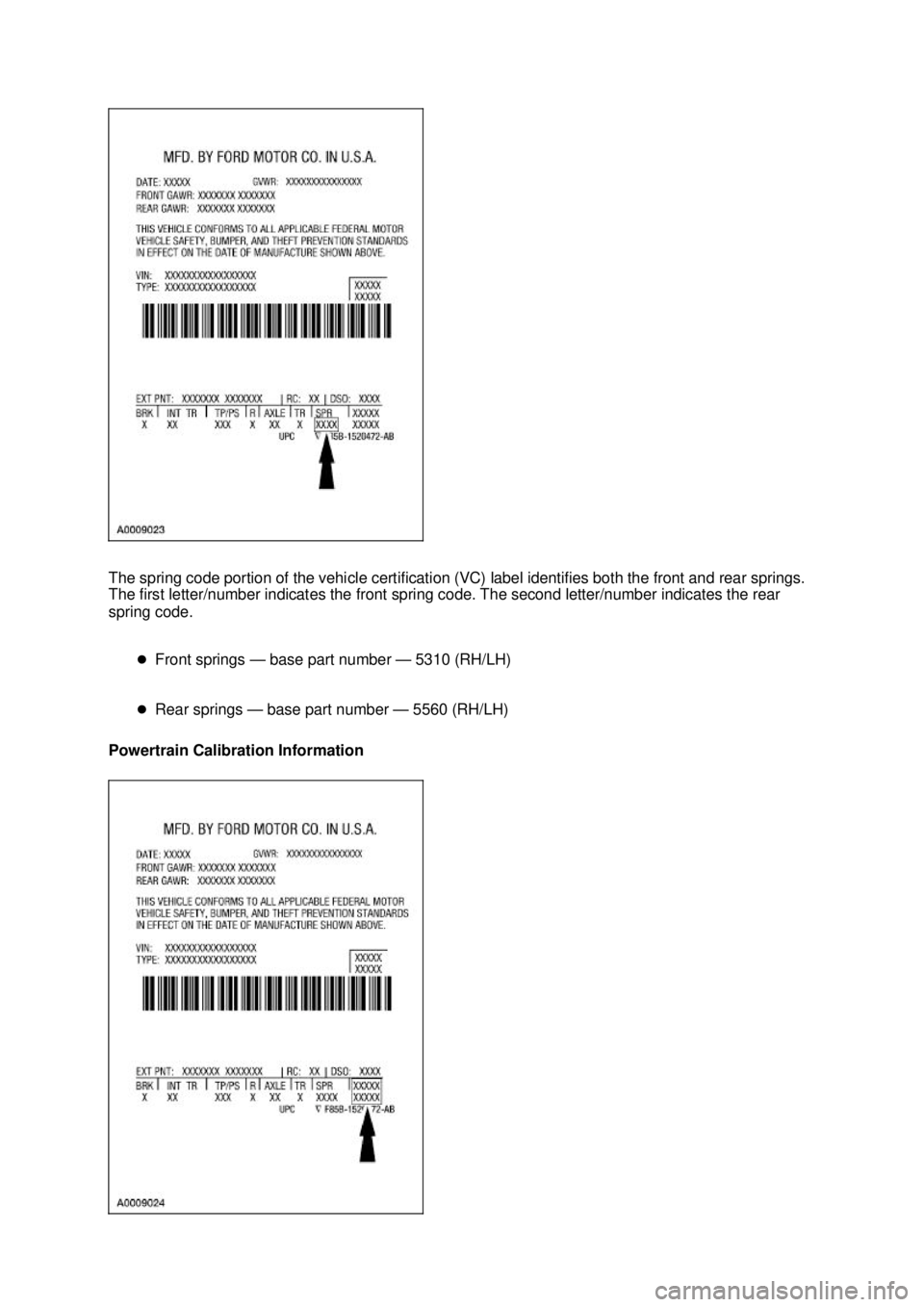 FORD MUSTANG 2003 User Guide The spring code portion of the vehicle certification (VC) label identifies both the front and rear springs. 
The first letter/number indicates the front spring code. The second letter/number indicates