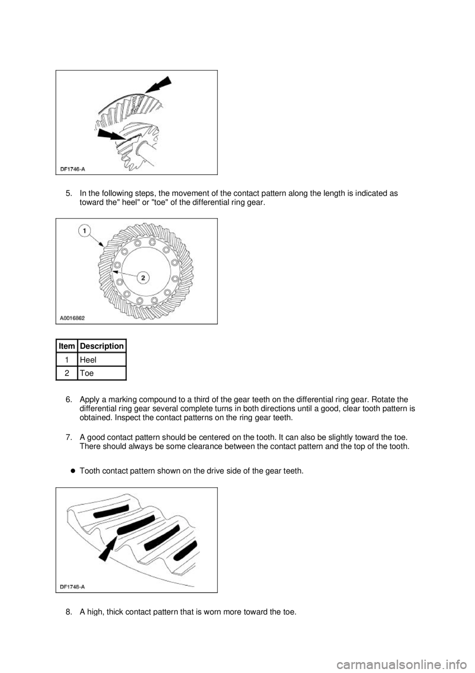 FORD MUSTANG 2003 Owners Manual 5. In the following steps, the movement of the contact pattern along the length is indicated as 
toward the" heel" or "toe" of the differential ring gear. 
6. Apply a marking compound to a third of th