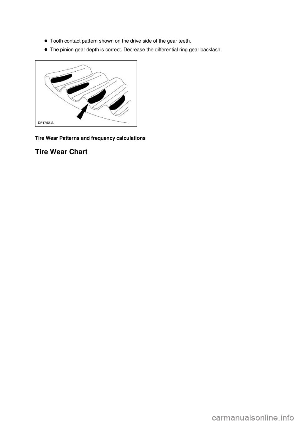 FORD MUSTANG 2003 User Guide �z
Tooth contact pattern shown on the drive side of the gear teeth. 
�z The pinion gear depth is correct. Decrease the differential ring gear backlash. 
Tire Wear Patterns and frequency calculations  