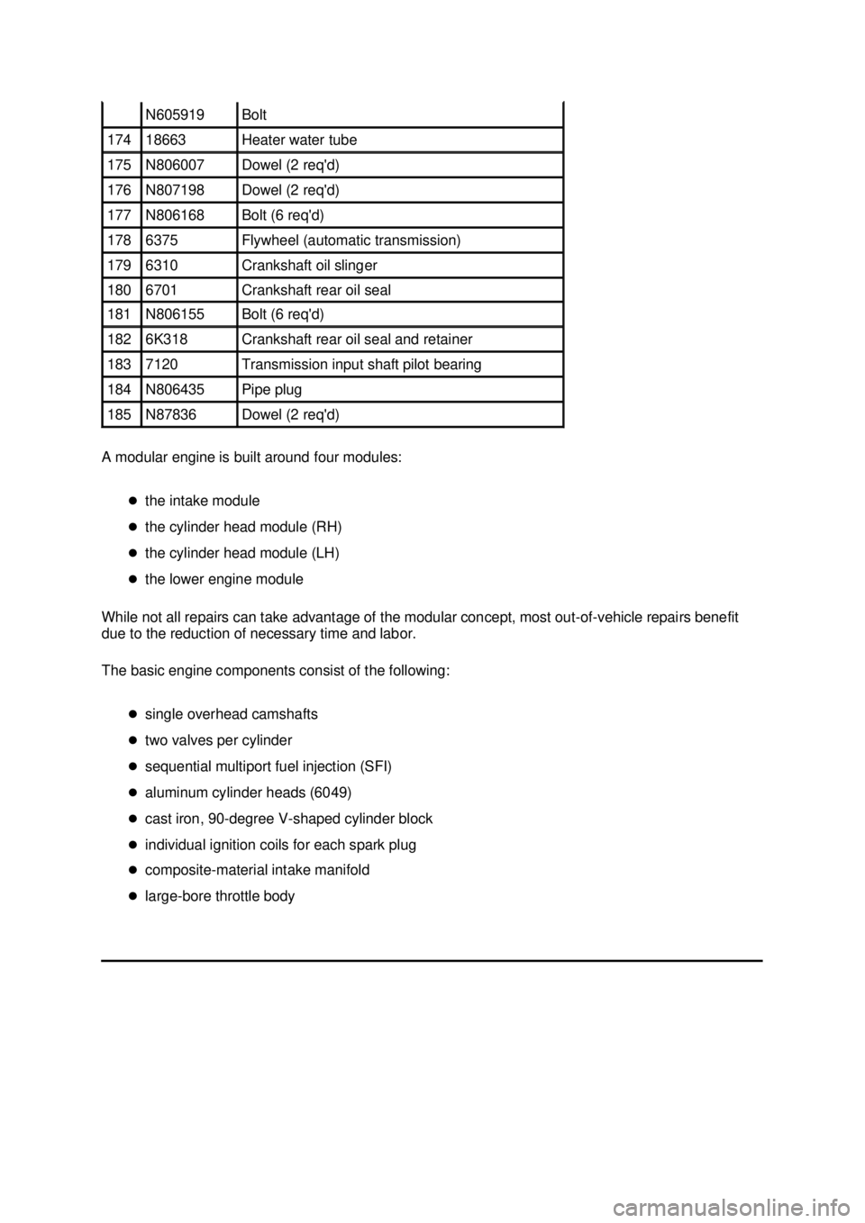 FORD MUSTANG 2003  Workshop Manual A modular engine is built around four modules: 
�zthe intake module 
�z the cylinder head module (RH) 
�z the cylinder head module (LH) 
�z the lower engine module 
While not all repairs can take adva