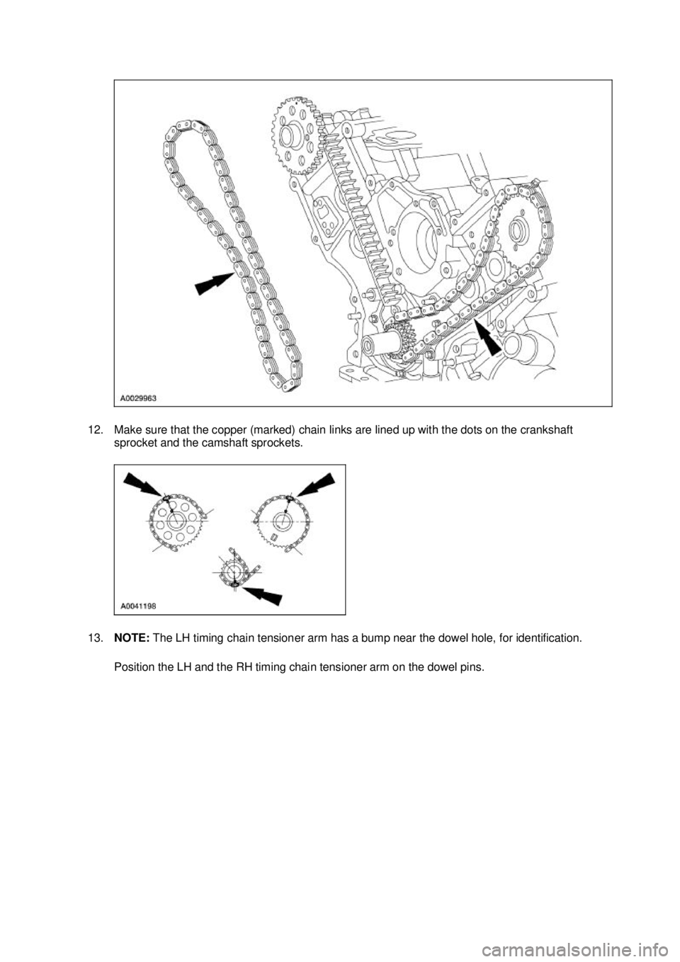 FORD MUSTANG 2003 Owners Manual 12. Make sure that the copper (marked) chain links are lined up with the dots on the crankshaft 
sprocket and the camshaft sprockets. 
13. NOTE:  The LH timing chain tensioner arm has a bump near the 