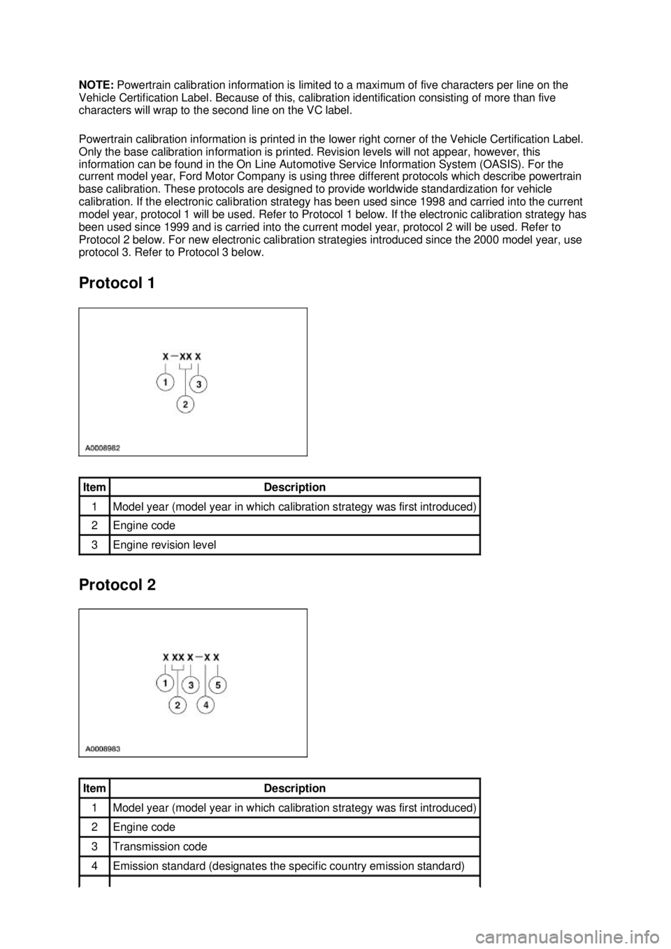 FORD MUSTANG 2003 User Guide NOTE: 
Powertrain calibration information is limited to a maximum of five characters per line on the 
Vehicle Certification Label. Because of this, calibration identification consisting of more than f