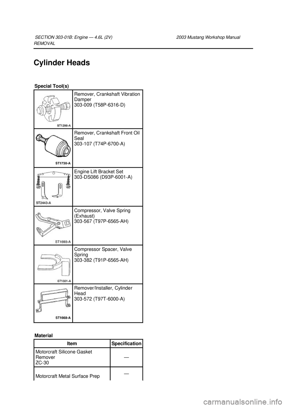 FORD MUSTANG 2003  Workshop Manual REMOVAL 
Cylinder Heads 
SECTION 303-
01B: Engine — 4.6L (2V)  2003 Mustang Workshop Manual Special Tool(s) 
Remover, Crankshaft Vibration 
Damper 
303-
009 (T58P-6316- D)  Remover, Crankshaft Front
