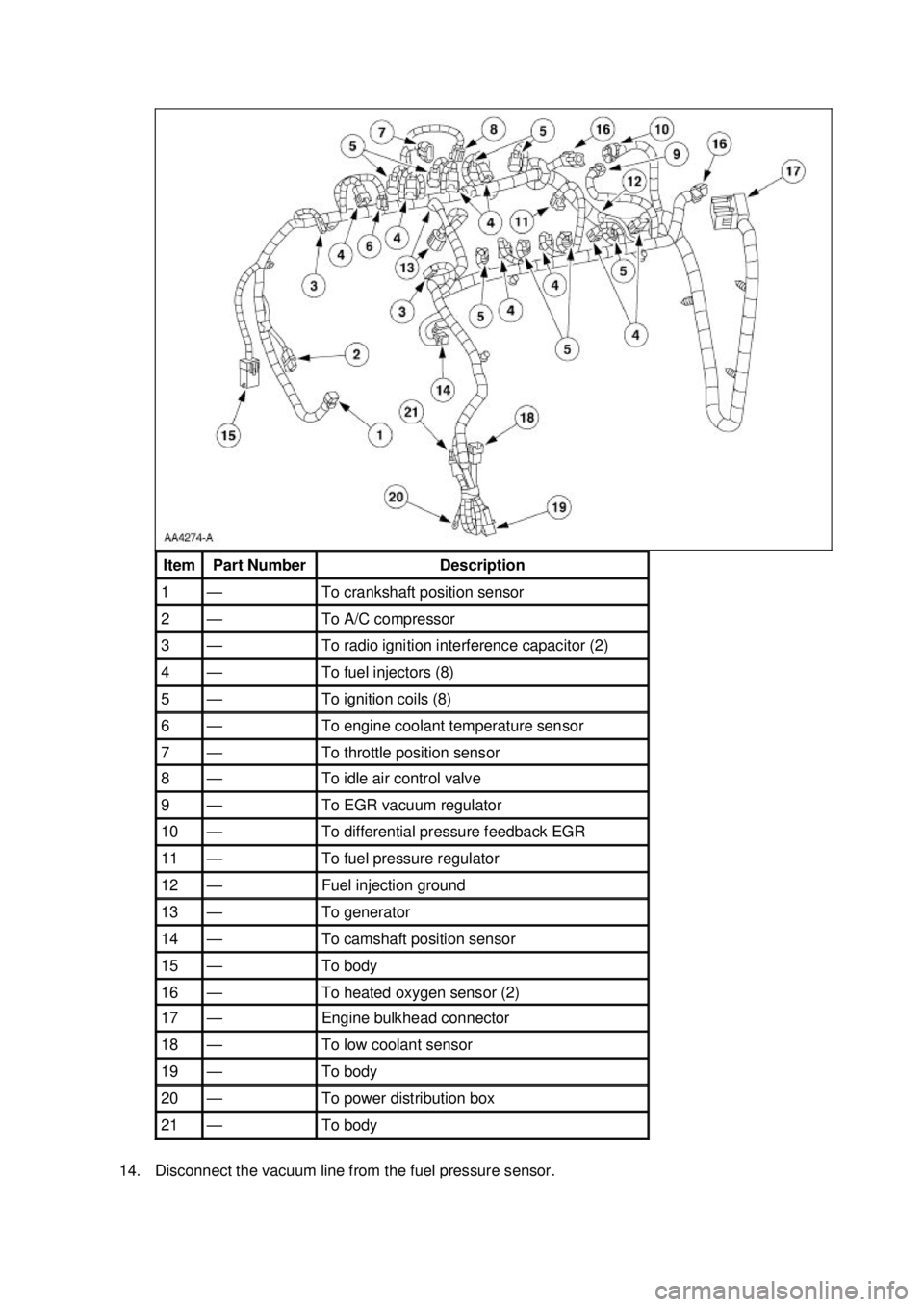 FORD MUSTANG 2003 Workshop Manual 14. Disconnect the vacuum line from the fuel pressure sensor. Item Part Number Description
1 — To crankshaft position sensor
2 — To A/C compressor
3 — To radio ignition interference cap FORD MUSTANG 2003 Workshop Manual 14. Disconnect the vacuum line from the fuel pressure sensor. Item Part Number Description
1 — To crankshaft position sensor
2 — To A/C compressor
3 — To radio ignition interference cap