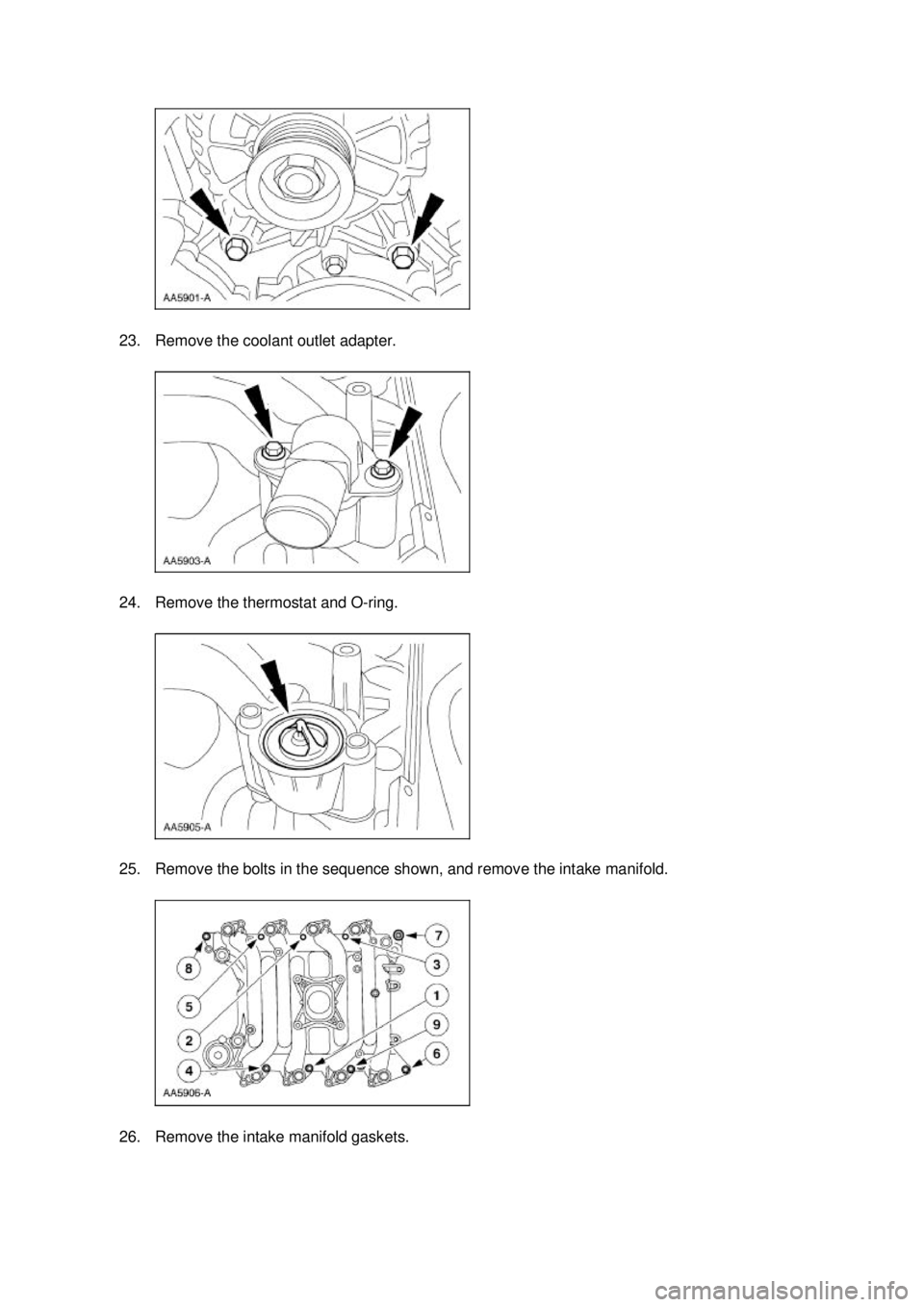 FORD MUSTANG 2003 Owners Guide 23. Remove the coolant outlet adapter. 
24. Remove the thermostat and O-
ring. 
25. Remove the bolts in the sequence shown, and remove the intake manifold. 
26. Remove the intake manifold gaskets.  K