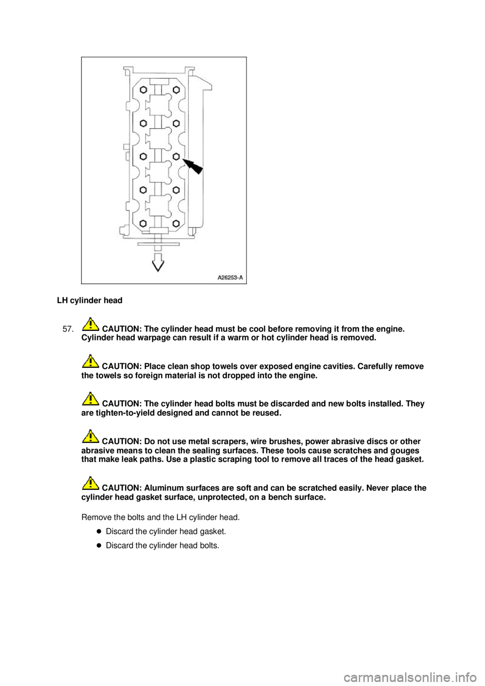 FORD MUSTANG 2003  Workshop Manual LH cylinder head 
57.  CAUTION: The cylinder head must be cool before removing it from the engine. 
Cylinder head warpage can result if a warm or hot cylinder head is removed. 
 CAUTION: Place clean s