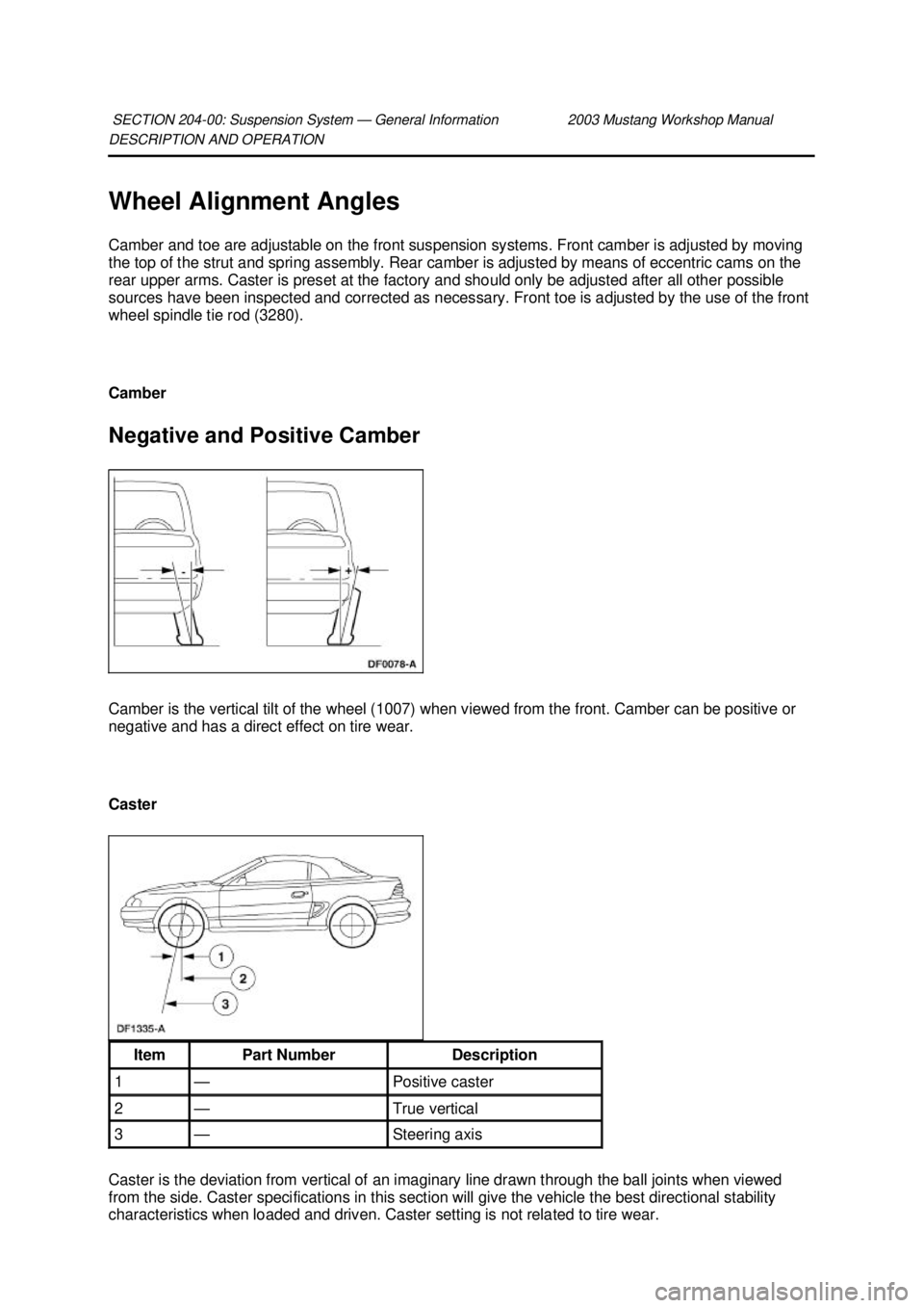 FORD MUSTANG 2003  Workshop Manual DESCRIPTION AND OPERATION 
Wheel Alignment Angles 
Camber and toe are adjustable on the front suspension systems. Front camber is adjusted by moving 
the top of the strut and spring assembly. Rear cam