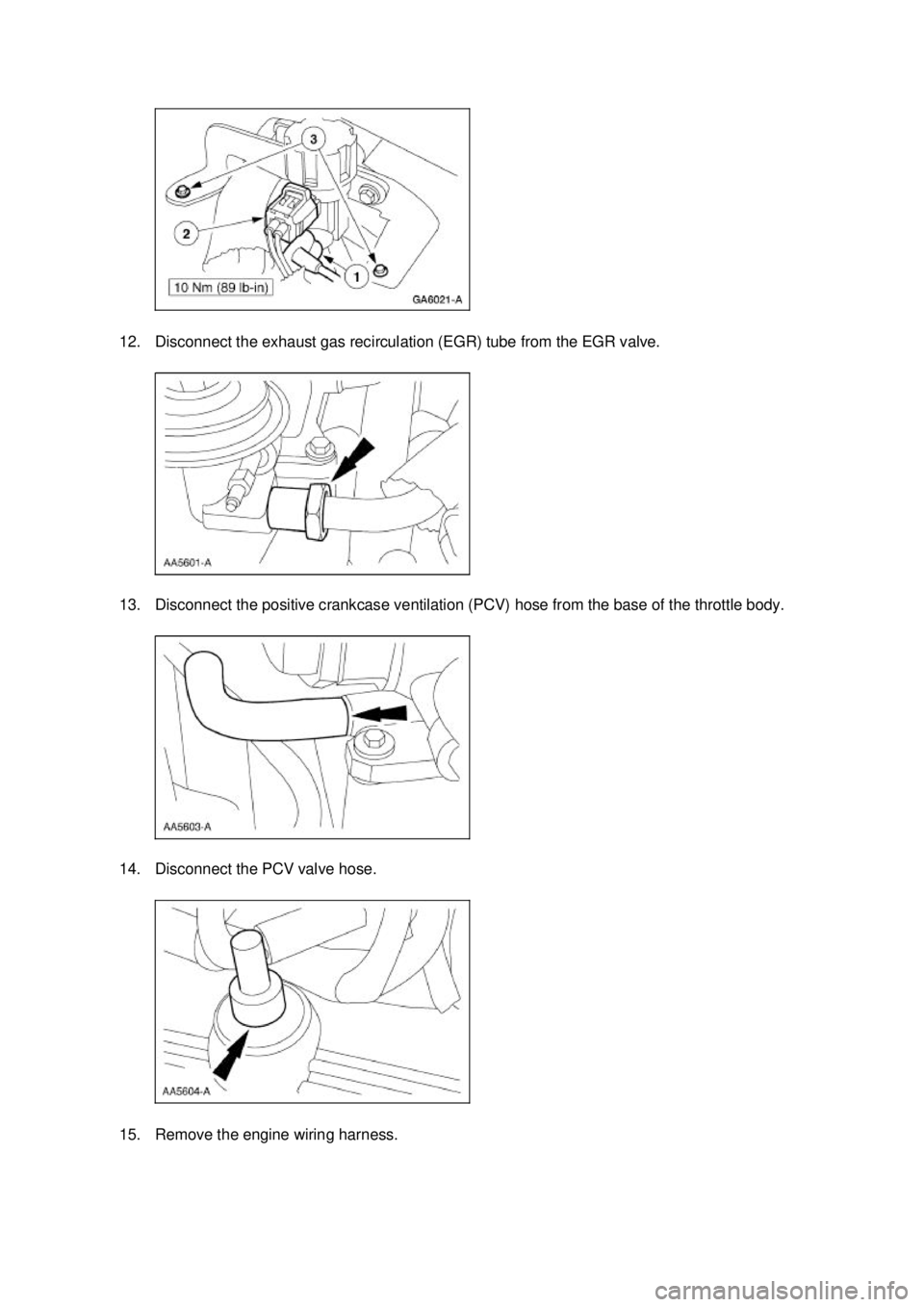 FORD MUSTANG 2003 Owners Manual 12. Disconnect the exhaust gas recirculation (EGR) tube from the EGR valve. 
13. Disconnect the positive crankcase ventilation (PCV) hose from the base of the throttle body. 
14. Disconnect the PCV va