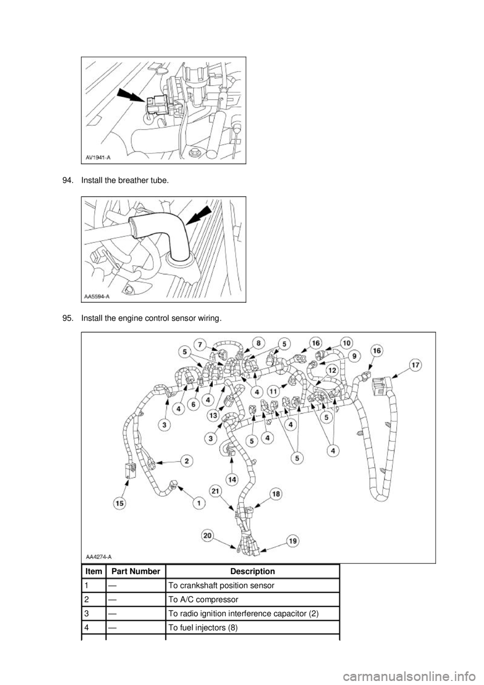 FORD MUSTANG 2003 Owners Manual 94. Install the breather tube. 
95. Install the engine control sensor wiring. 
Item  Part Number  Description 
1  — To crankshaft position sensor 
2  — To A/C compressor 
3  — To radio ignition 