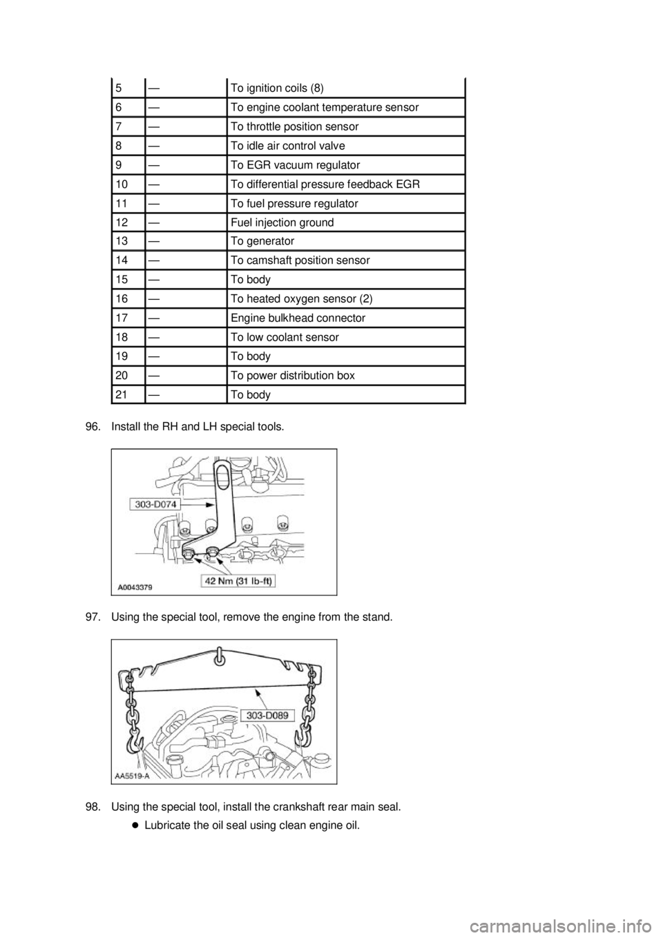 FORD MUSTANG 2003  Workshop Manual 96. Install the RH and LH special tools. 
97. Using the special tool, remove the engine from the stand. 
98. Using the special tool, install the crankshaft rear main seal. 
�zLubricate the oil seal us