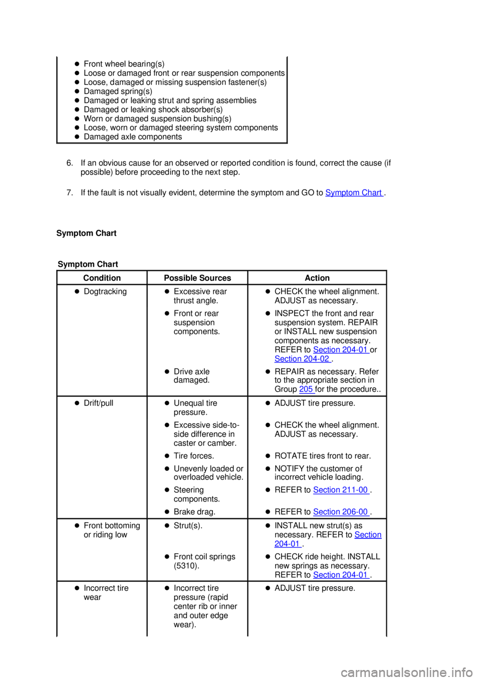 FORD MUSTANG 2003  Workshop Manual 6. If an obvious cause for an observed or reported condition is found, correct the cause (if 
possible) before proceeding to the next step. 
7. If the fault is not visually evident, determine the symp